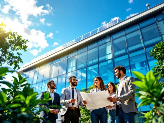 Een modern, energiezuinig kantoorgebouw met zonnepanelen en diverse professionals die plannen bespreken, omringd door groene planten.
