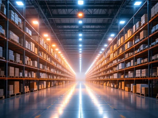 Een moderne, goed verlichte opslaghal met LED-verlichting, benadrukt innovatie en duurzaamheid met een efficiënt georganiseerde omgeving.