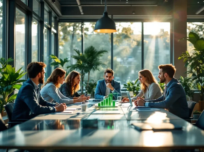 Zakelijke setting met diverse professionals rond een energiezuinige tafel, omgeven door groene technologie, bij Hezelaer Energy.