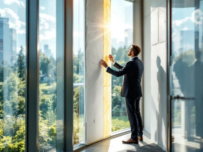 Zakelijke professional inspecteert isolatiemateriaal in modern kantoor met veel glas, omringd door groen en zonnepanelen voor duurzaamheid.