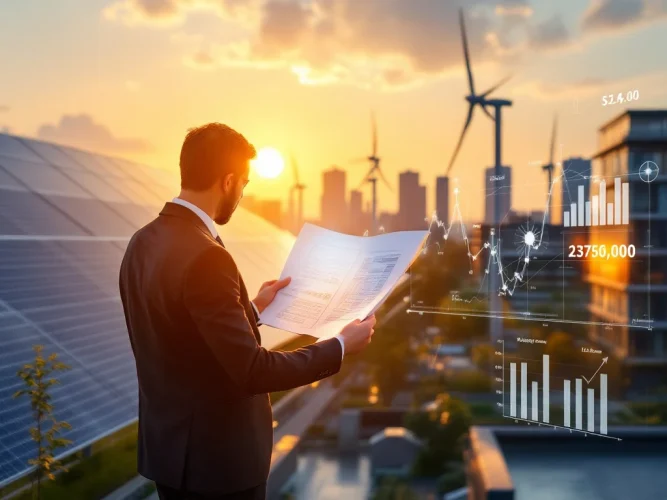 Zakelijke professional bekijkt plannen voor duurzame architectuur in moderne stad bij zonsondergang, met zonnepanelen en windturbines.