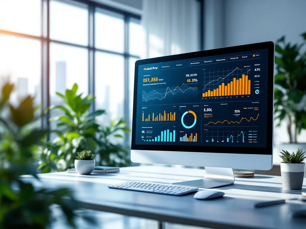 Een moderne kantoorruimte met een digitaal dashboard toont energiepatronen. Blauwe, groene en oranje tinten benadrukken duurzaamheid.