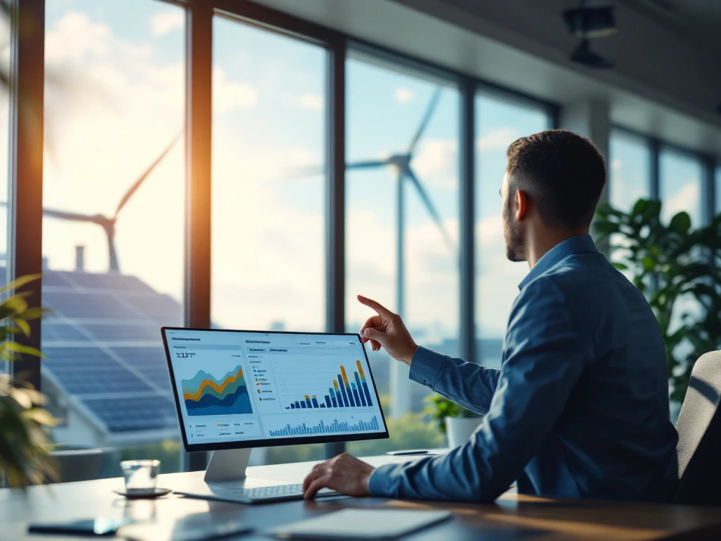 Een moderne kantooromgeving waar een professional energieverbruiksgrafieken op een digitaal dashboard analyseert, met zicht op zonnepanelen.