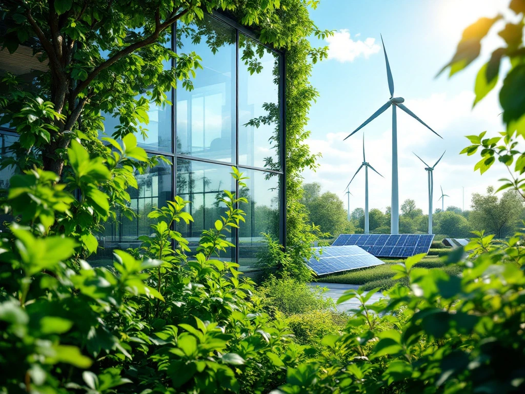 Moderne Nederlandse kantooromgeving met een groene gevel, zonnepanelen, windturbines, en weerspiegelende glasfaçade. Duurzaamheid centraal.