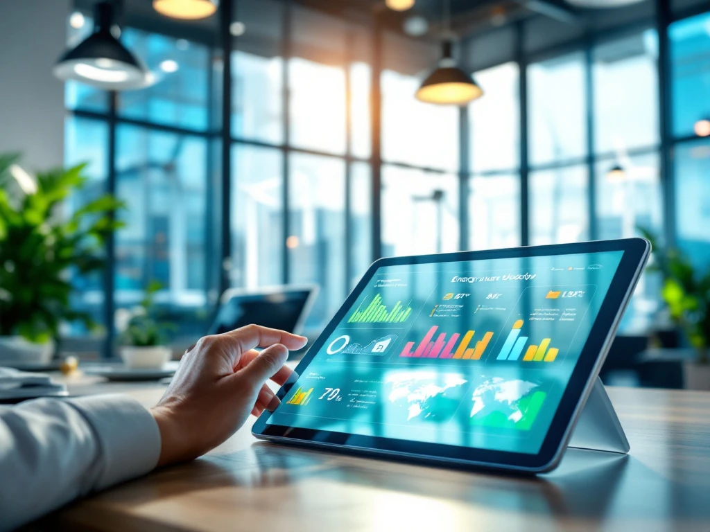 Moderne kantooromgeving met focus op duurzaamheid: tablet met energiemetrics, eco-vriendelijke buitenkant, zonnepanelen en windmolens.