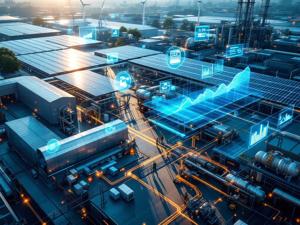 Moderne industriële faciliteit met zonnepanelen en windturbines, digitale grafieken voor optimalisatie en een onderhoudsrobot die apparatuur inspecteert bij ochtendlicht.