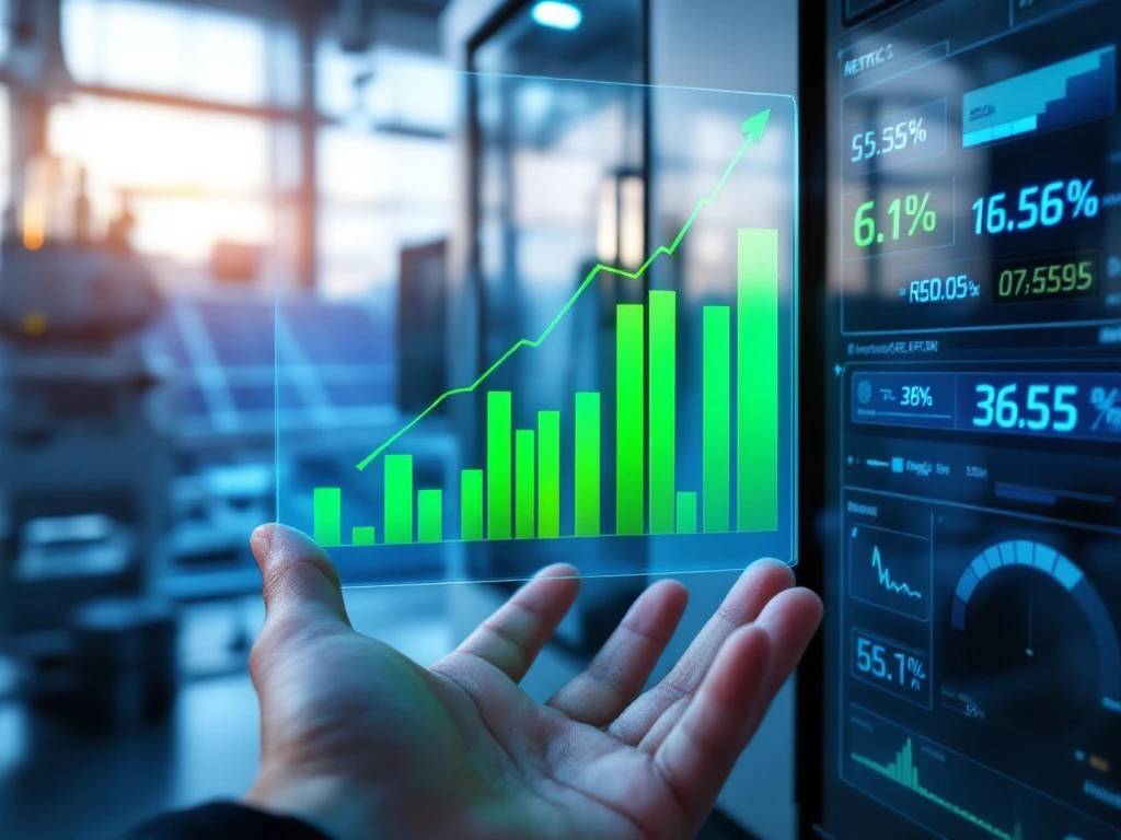 Industriële machinerie met energieverbruiksmeters en financiële grafieken die kostenbesparing tonen in een duurzame faciliteit met zonnepanelen.