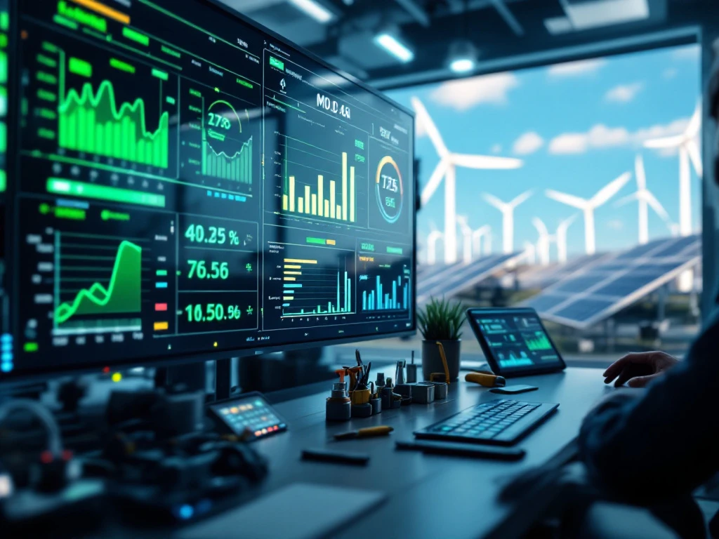 Moderne energiebeheerscentrale met digitaal dashboard, onderhoudshulpmiddelen en duurzame energiebronnen op de achtergrond