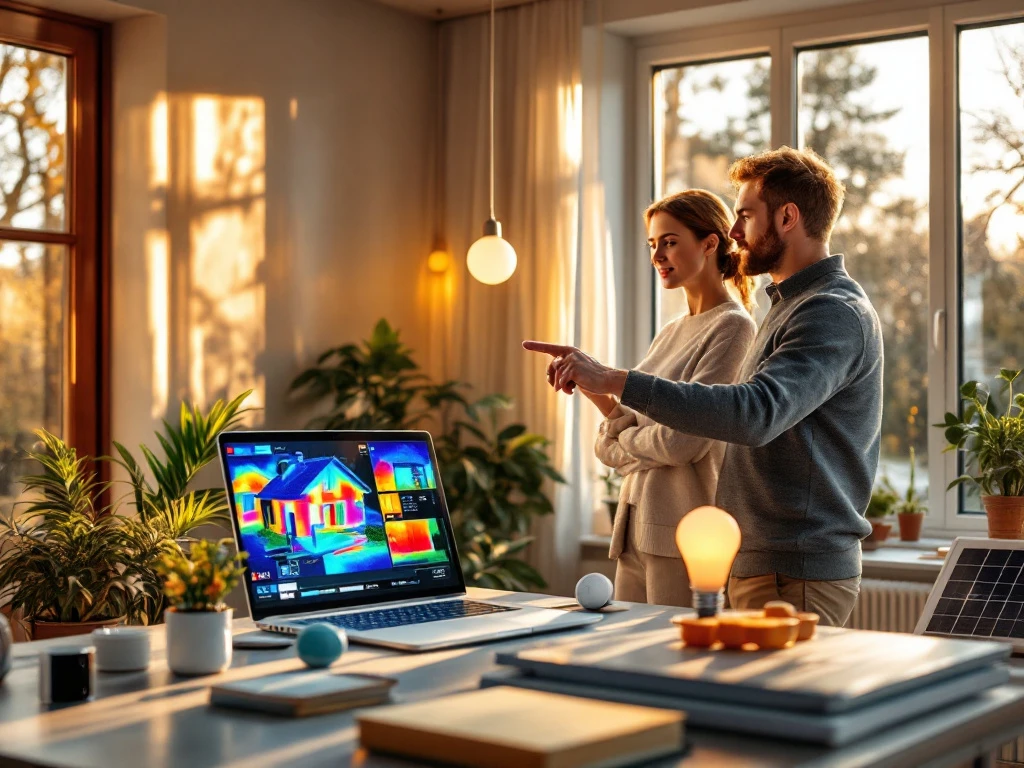 Energiecoach toont huiseigenaar thermische beelden van warmteverlies in een modern Nederlands interieur met energiebesparende producten op tafel.