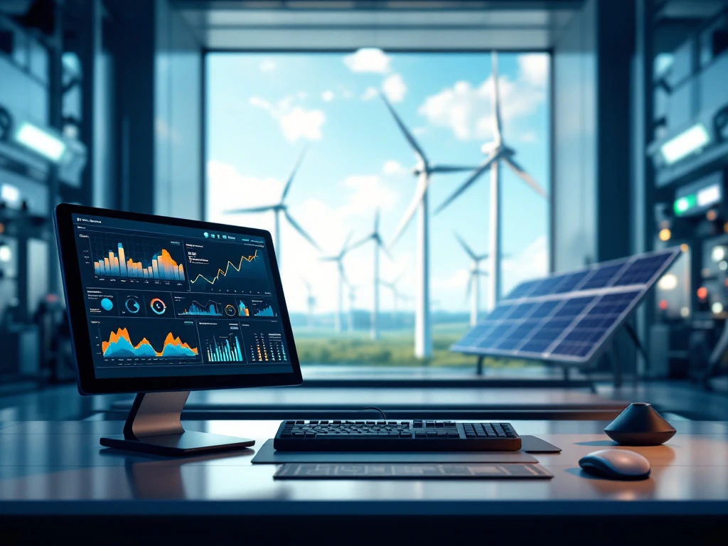 Geavanceerd monitorsysteem met real-time data van zonnepanelen en windturbines in technische ruimte met zicht op duurzame energiebronnen.