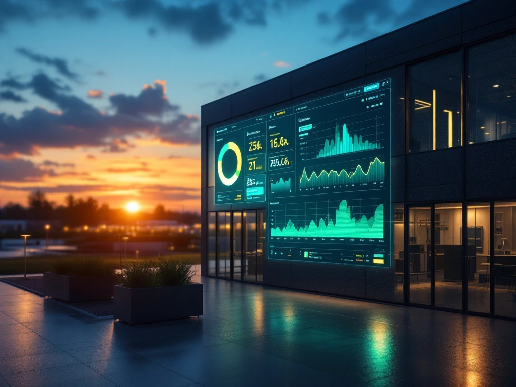Modern bedrijfspand tijdens zonsondergang met energietechnologie, slimme verlichting en dashboard met verbruiksgrafieken in Hezelaer's blauwtinten.
