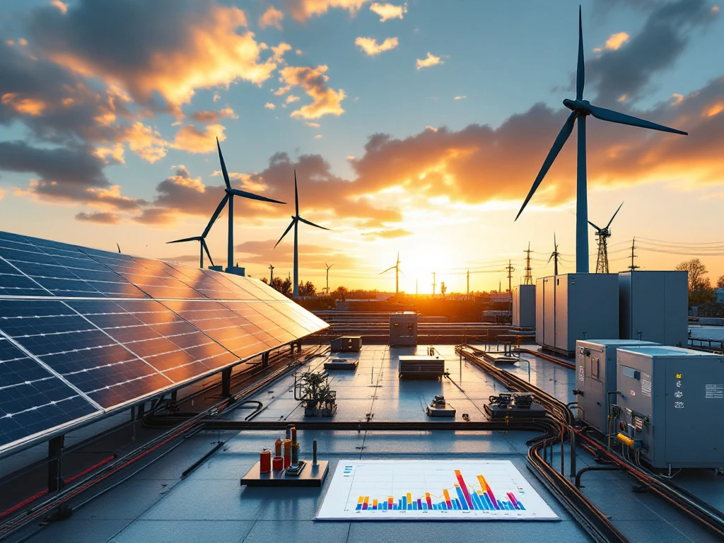Industrieel dak met zonnepanelen, windturbines en energieopslag verbonden met slim netwerk onder kleurrijke zonsondergang in Nederlands landschap.