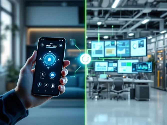 Gesplitst scherm toont smartphone met slimme woning-app links en industrieel energiebeheer dashboard rechts, verbonden door groene lijnen