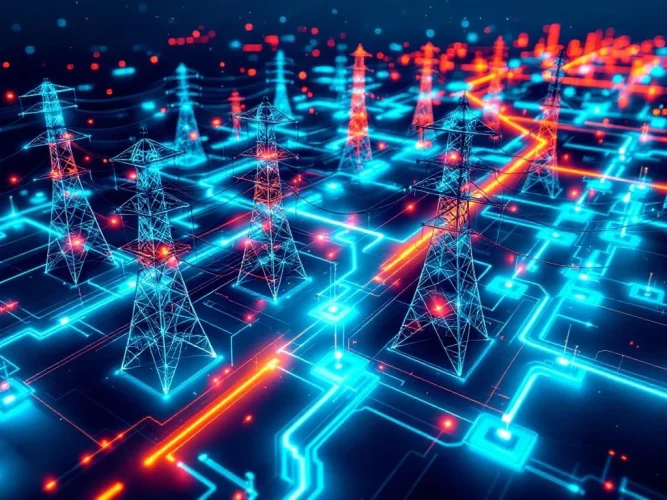 Luchtfoto van slim elektriciteitsnet met gloeiende meters, blauwe energiepaden en AI-geoptimaliseerde stroomverdeling