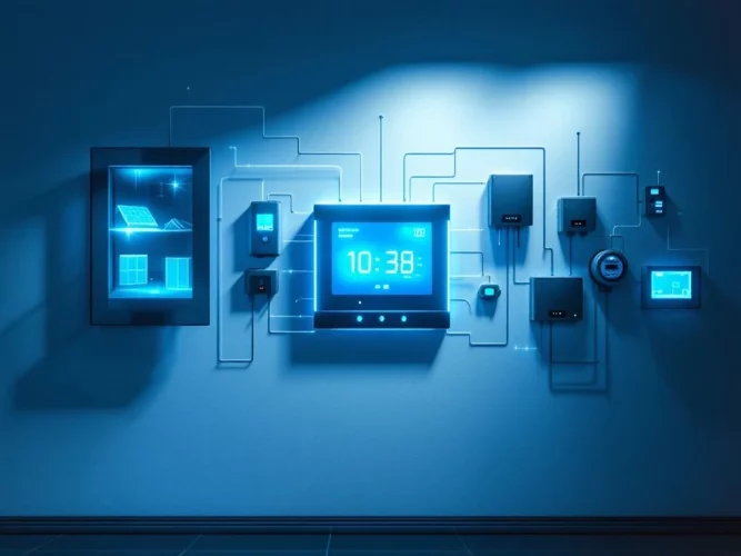 Moderne smart home energiebeheerpaneel met blauwe displays en zichtbare zonnepanelen, batterijen en slimme meters