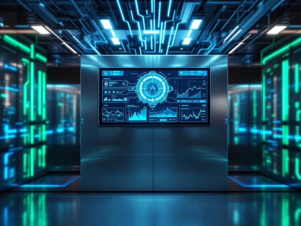Geavanceerde smart energy control hub met digitale displays en real-time energiedata in moderne industriële omgeving
