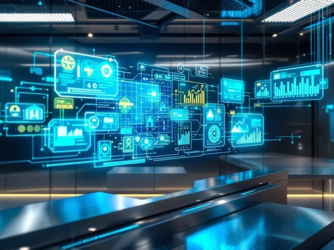 Futuristische energiebeheerkamer met holografische displays, energiestroomdiagrammen en digitale interfaces in blauw en groen