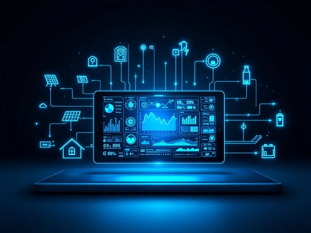 Moderne smart home bedieningspaneel met blauwe digitale interfaces en holografische energievisualisaties