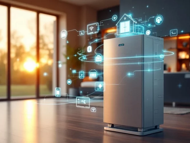 Moderne warmtepomp met digitale interface en smart home connectiviteit voor Nederlandse woning